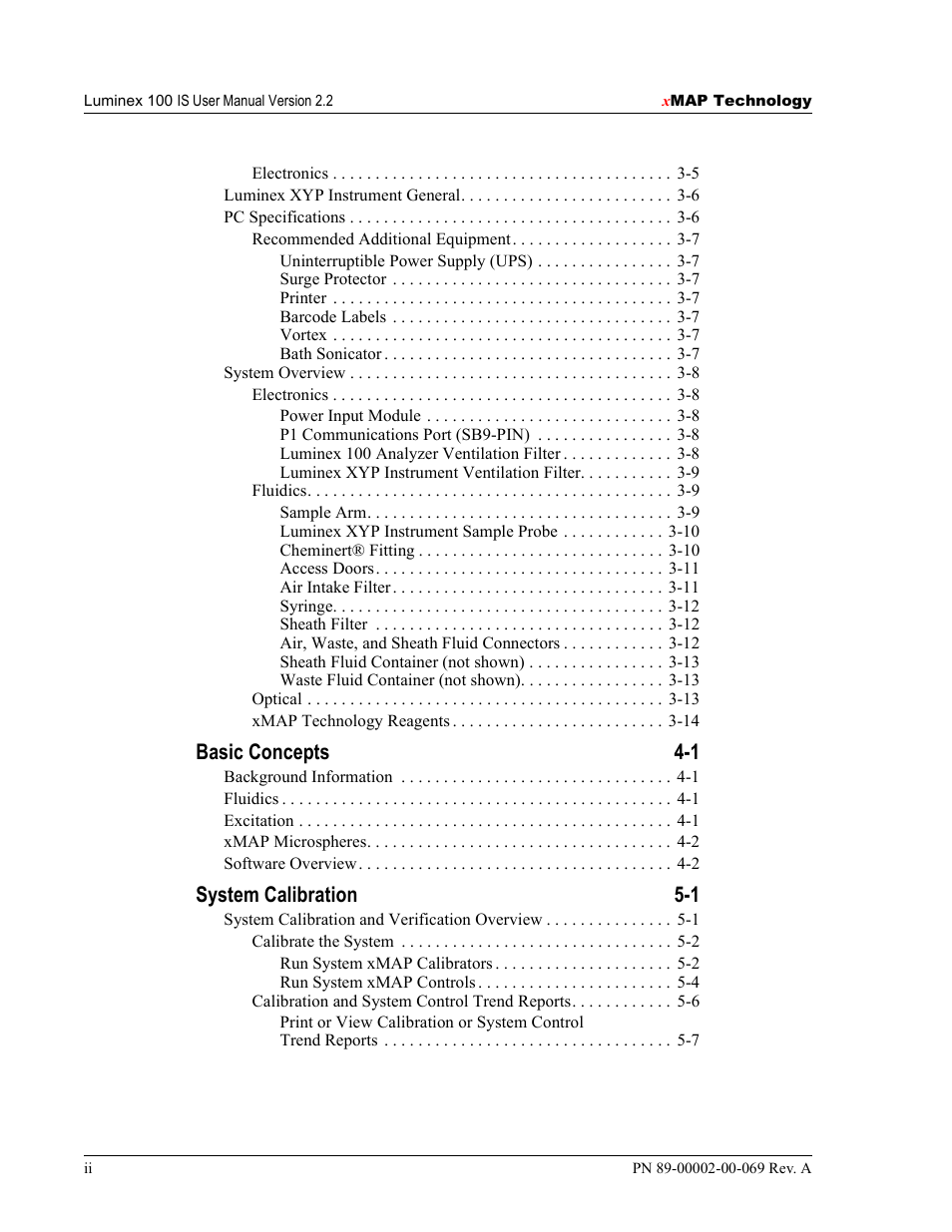 Basic concepts 4-1, System calibration 5-1 | Luminex 100 IS Version 2.2 User Manual | Page 6 / 246