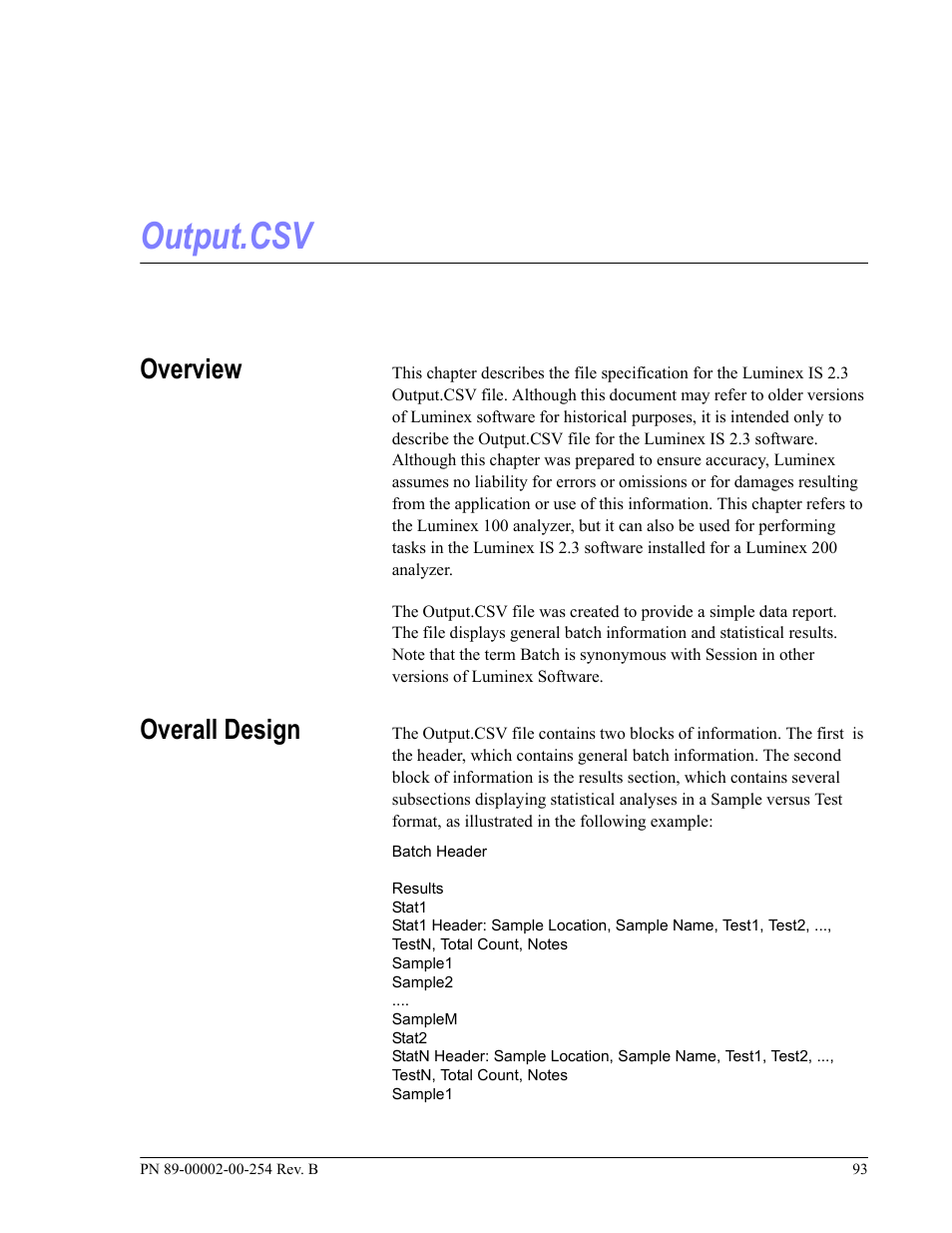 Output.csv, Overview, Overall design | Overview overall design | Luminex IS Version 2.3 (IVD) User Manual | Page 103 / 116