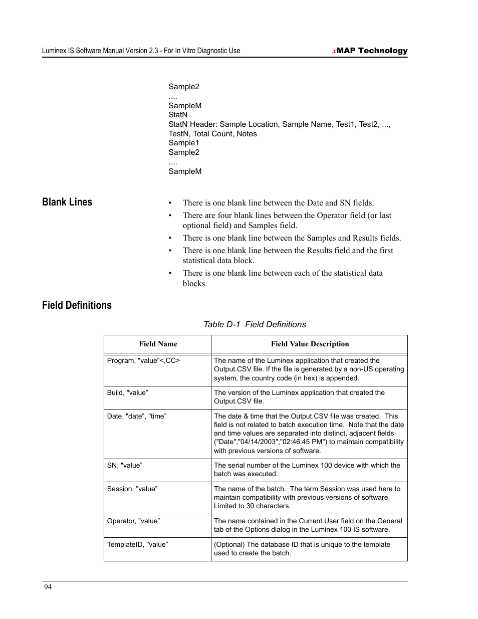 Blank lines, Field definitions, Blank lines field definitions | Luminex IS Version 2.3 (IVD) User Manual | Page 104 / 116
