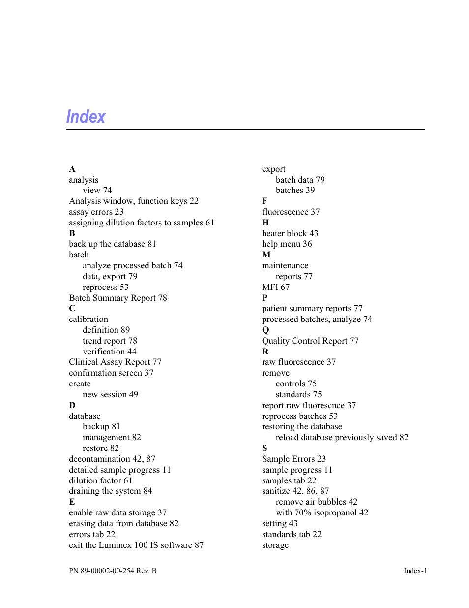 Index | Luminex IS Version 2.3 (IVD) User Manual | Page 115 / 116