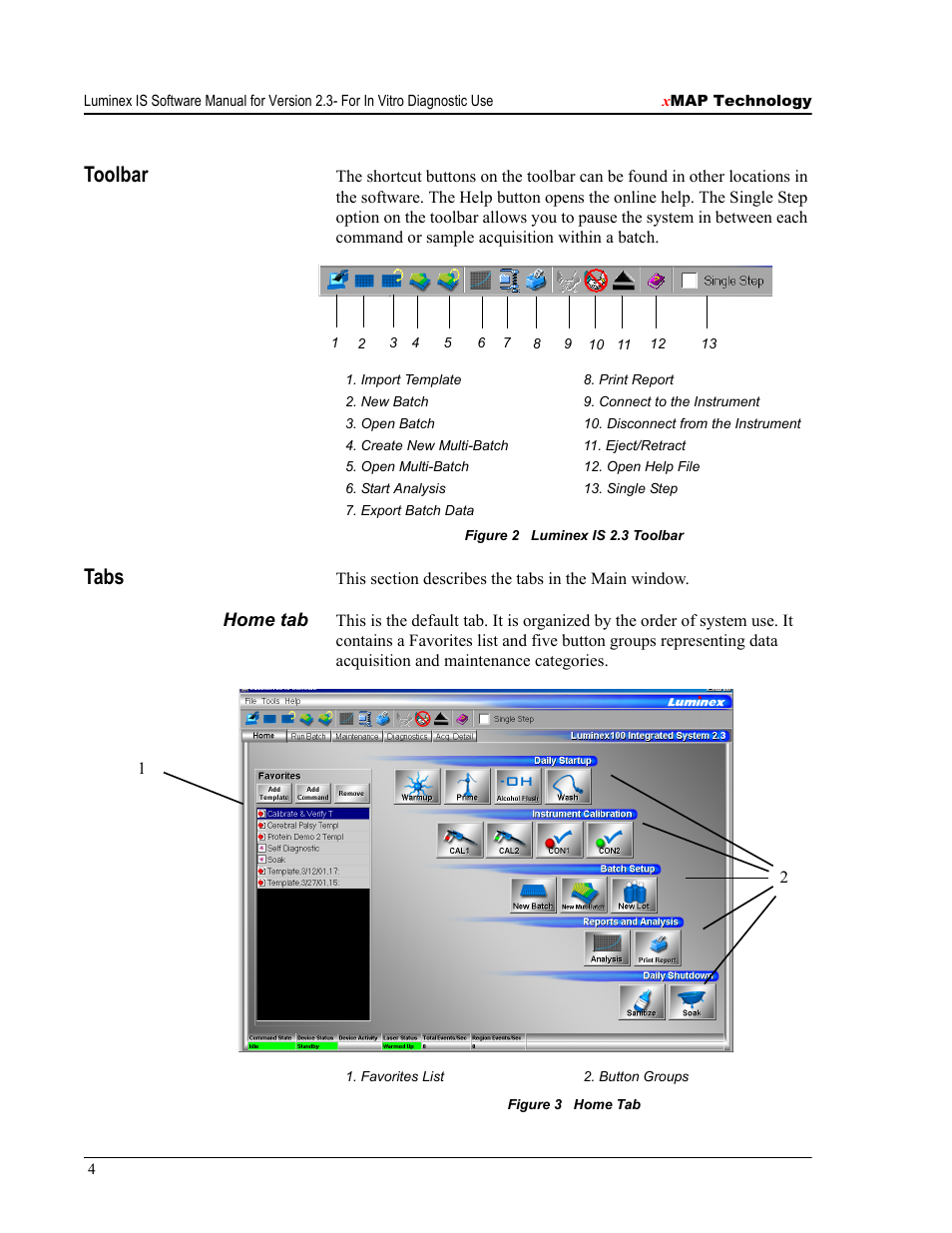 Toolbar, Tabs, Toolbar tabs | Luminex IS Version 2.3 (IVD) User Manual | Page 14 / 116