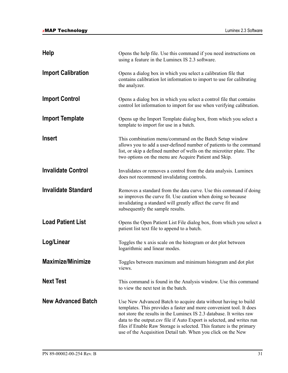 Help, Import calibration, Import control | Import template, Insert, Invalidate control, Invalidate standard, Load patient list, Log/linear, Maximize/minimize | Luminex IS Version 2.3 (IVD) User Manual | Page 41 / 116