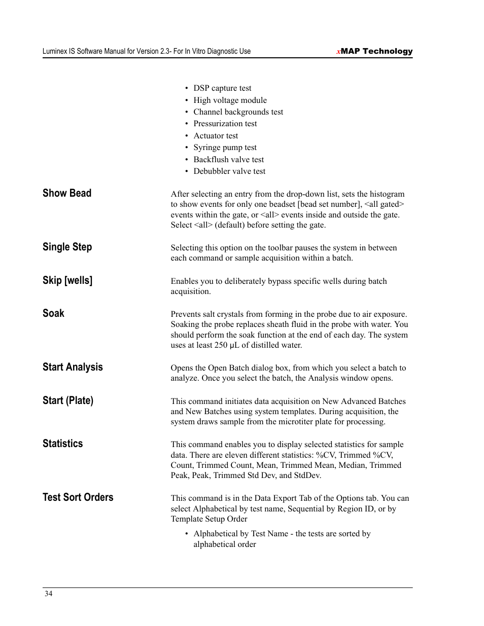 Show bead, Single step, Skip [wells | Soak, Start analysis, Start (plate), Statistics, Test sort orders | Luminex IS Version 2.3 (IVD) User Manual | Page 44 / 116