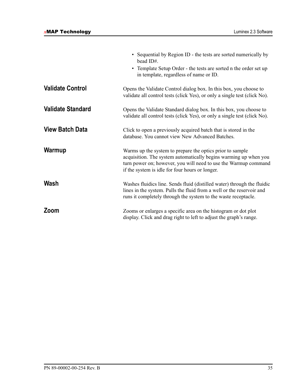 Validate control, Validate standard, View batch data | Warmup, Wash, Zoom, Validate control validate standard, View batch data warmup wash zoom | Luminex IS Version 2.3 (IVD) User Manual | Page 45 / 116