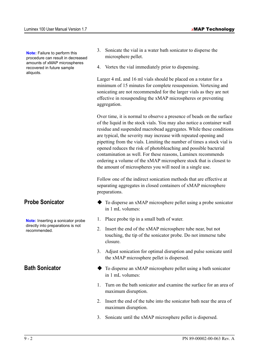 Probe sonicator, Bath sonicator | Luminex 100 User Manual Version 1.7 User Manual | Page 112 / 146