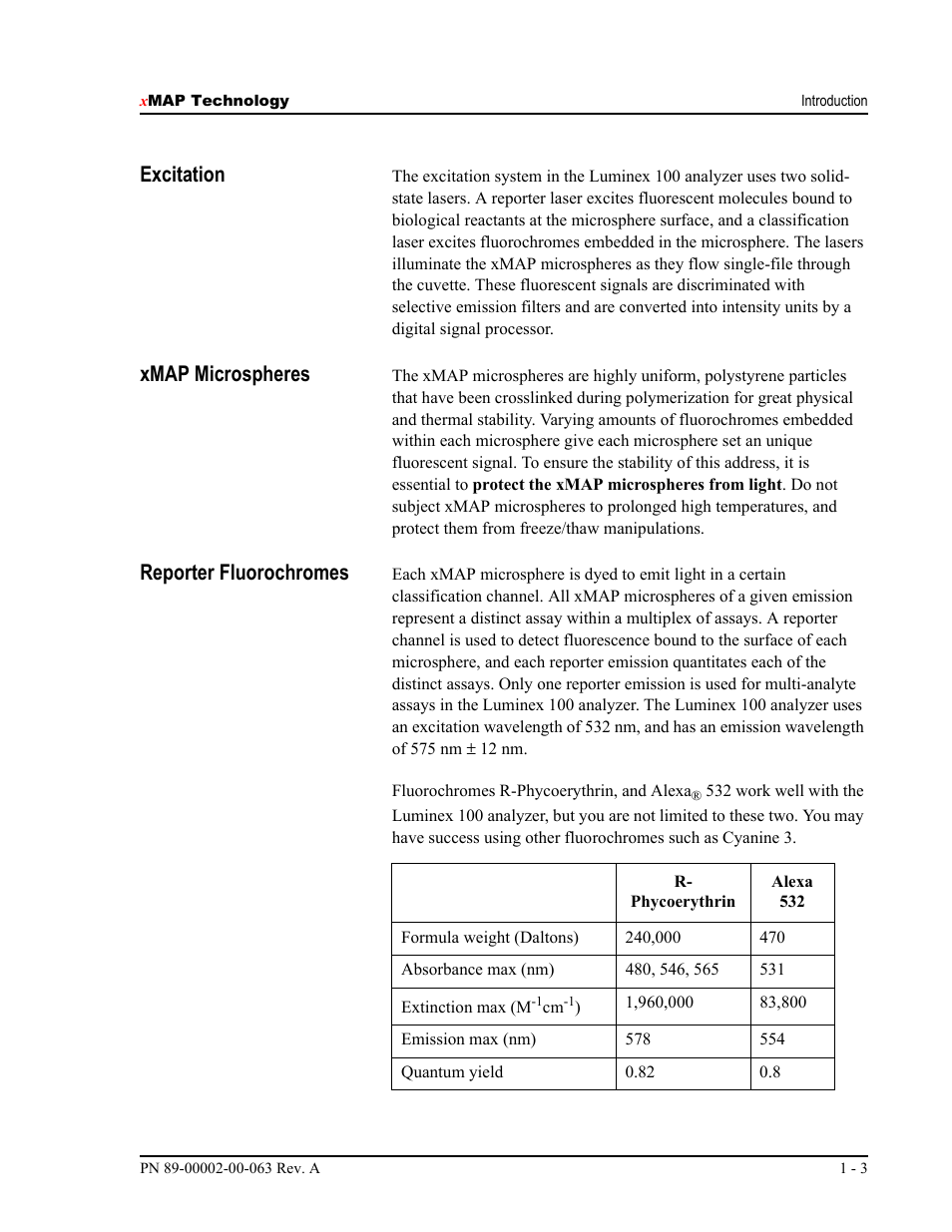 Excitation, Xmap microspheres, Reporter fluorochromes | Luminex 100 User Manual Version 1.7 User Manual | Page 13 / 146