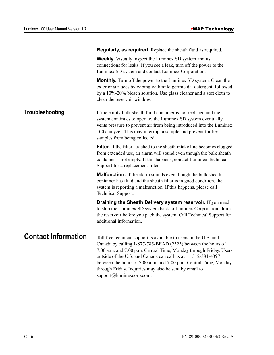 Contact information, Troubleshooting | Luminex 100 User Manual Version 1.7 User Manual | Page 138 / 146