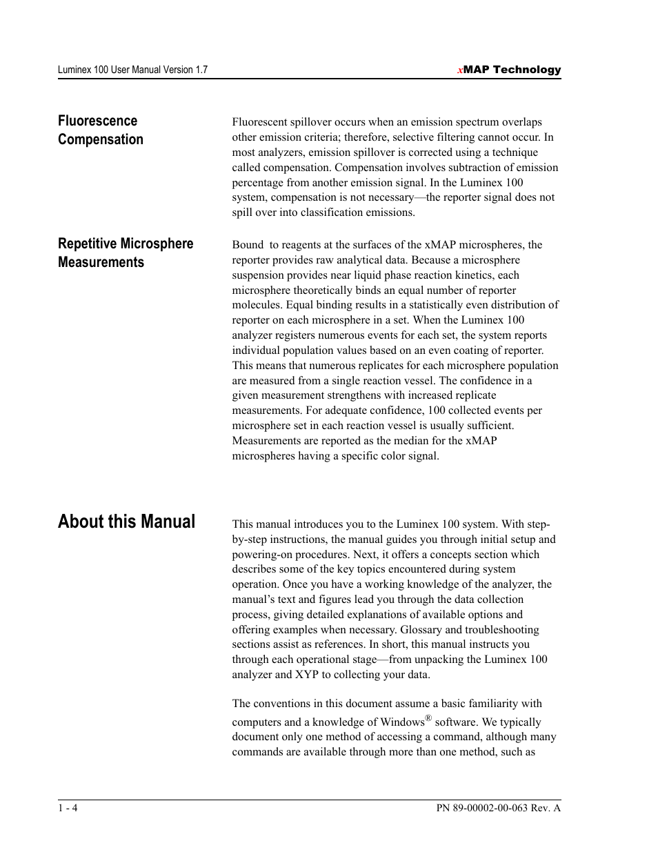 About this manual, Fluorescence compensation, Repetitive microsphere measurements | Luminex 100 User Manual Version 1.7 User Manual | Page 14 / 146