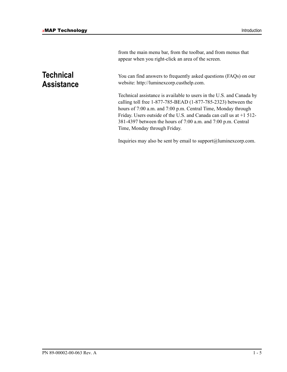 Technical assistance | Luminex 100 User Manual Version 1.7 User Manual | Page 15 / 146
