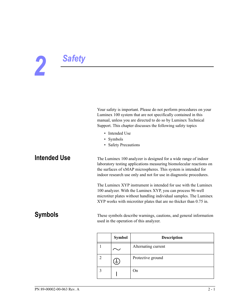 Safety, Intended use, Symbols | Luminex 100 User Manual Version 1.7 User Manual | Page 17 / 146