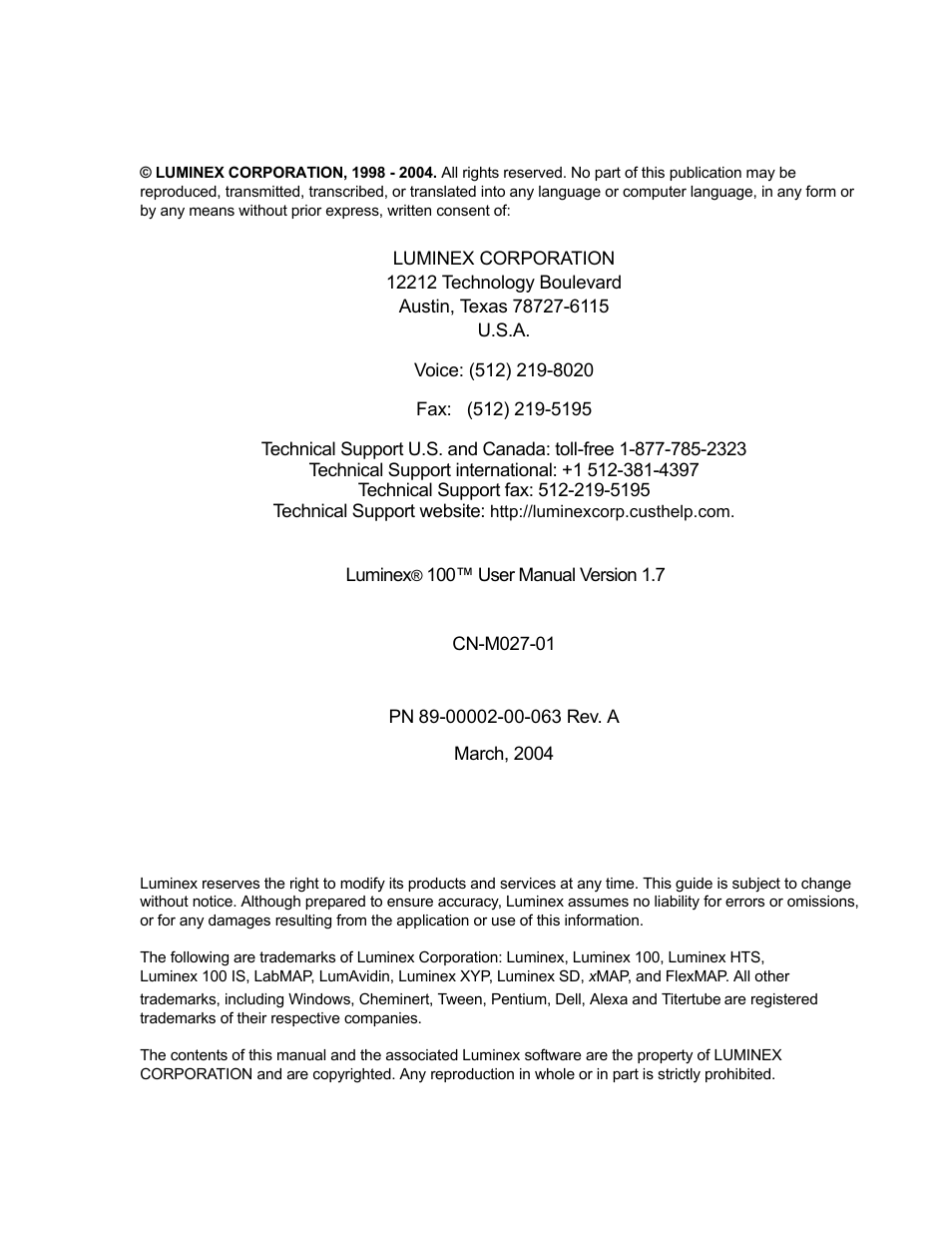 Luminex 100 User Manual Version 1.7 User Manual | Page 2 / 146