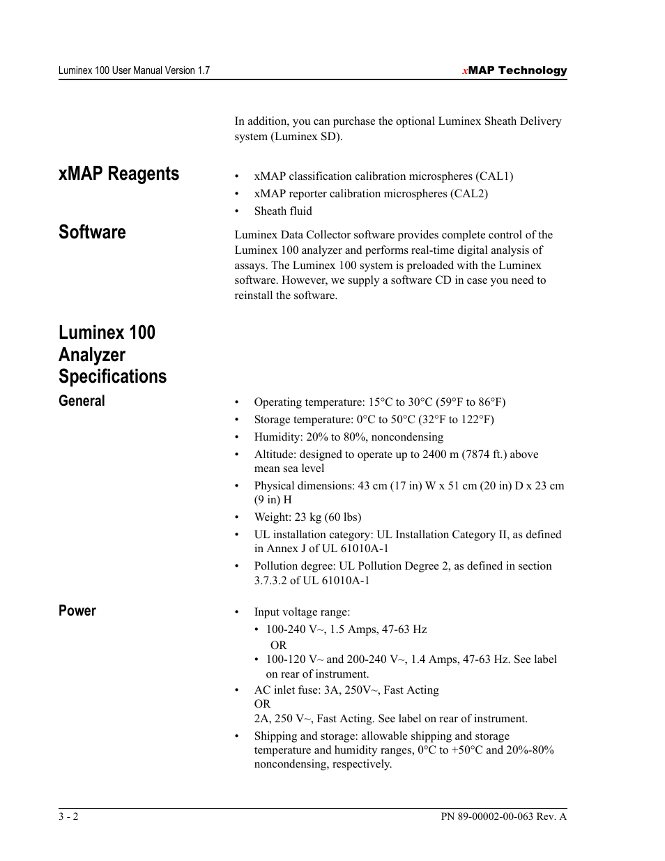 Xmap reagents, Software, Luminex 100 analyzer specifications | Luminex 100 User Manual Version 1.7 User Manual | Page 26 / 146