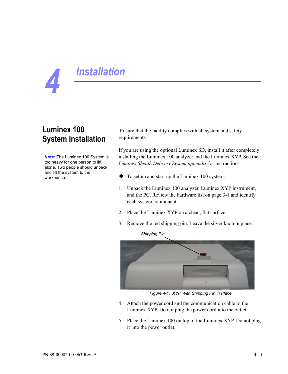 Installation, Luminex 100 system installation | Luminex 100 User Manual Version 1.7 User Manual | Page 35 / 146