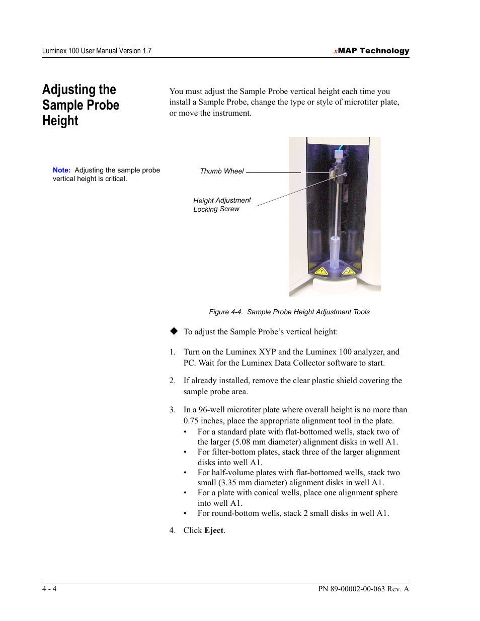 Adjusting the sample probe height | Luminex 100 User Manual Version 1.7 User Manual | Page 38 / 146