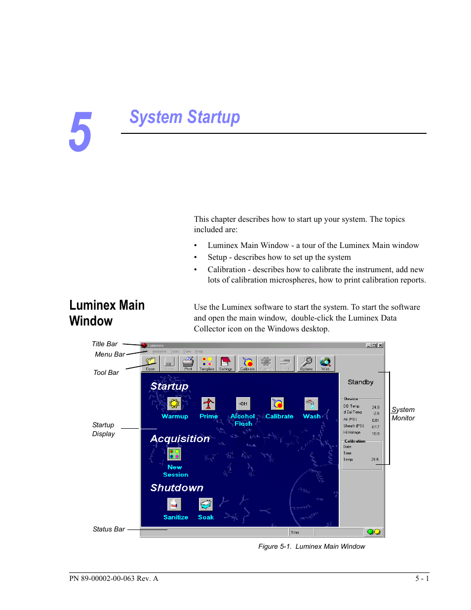 System startup, Luminex main window | Luminex 100 User Manual Version 1.7 User Manual | Page 41 / 146