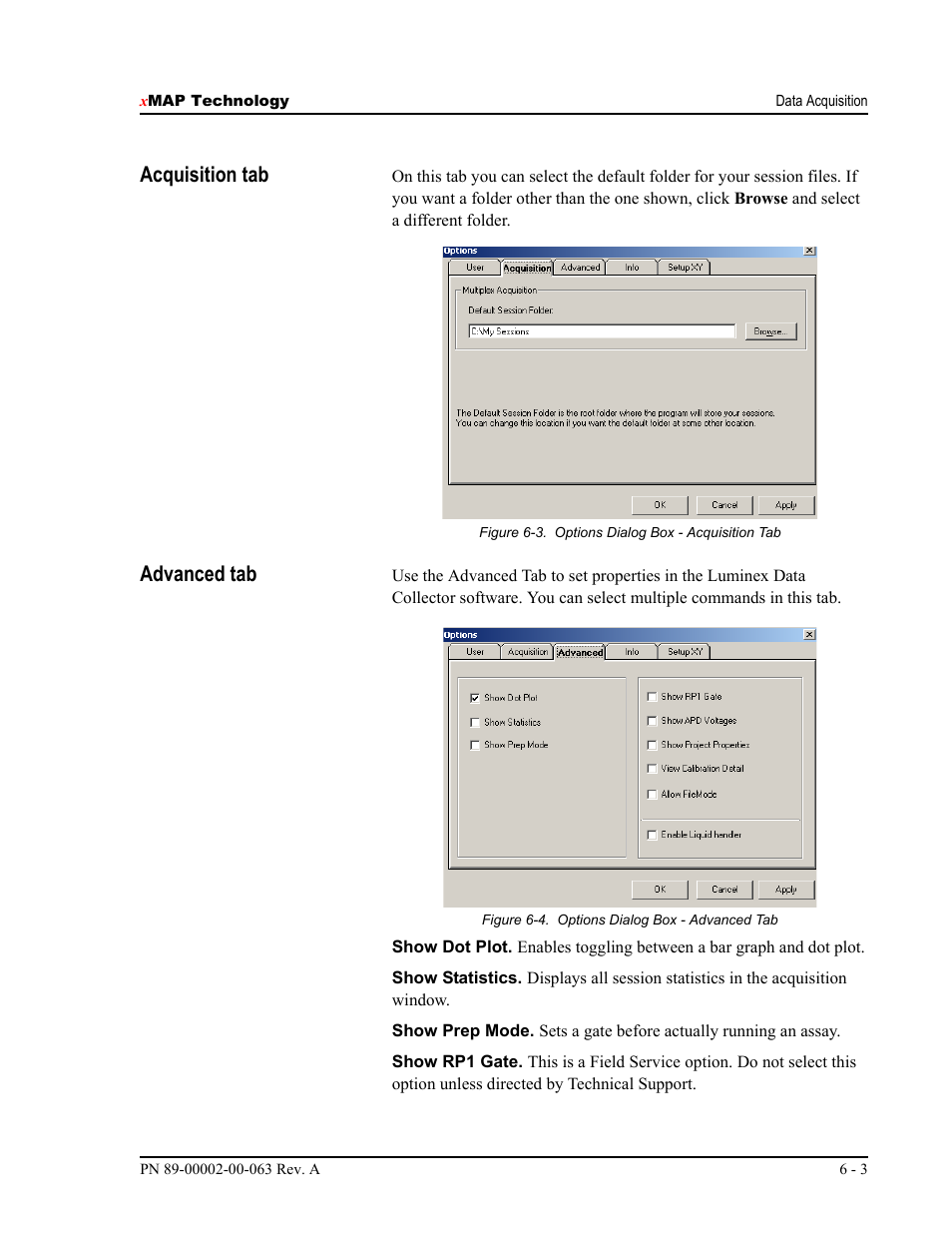 Acquisition tab, Advanced tab | Luminex 100 User Manual Version 1.7 User Manual | Page 53 / 146
