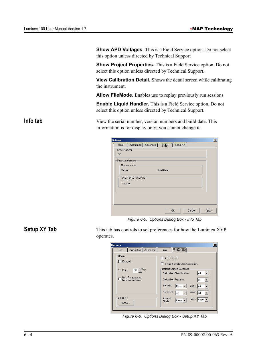 Info tab, Setup xy tab | Luminex 100 User Manual Version 1.7 User Manual | Page 54 / 146