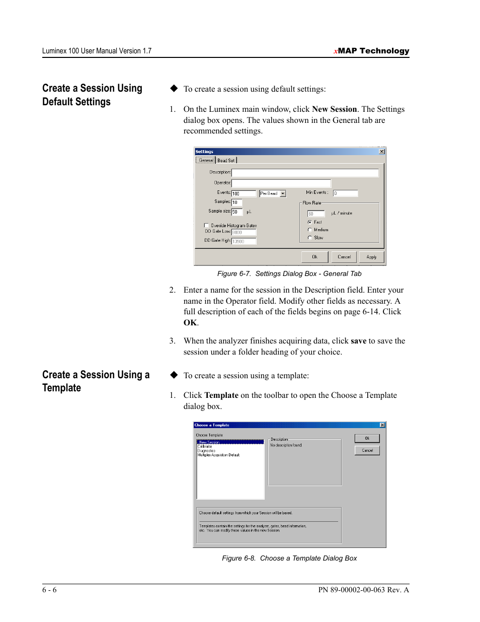 Create a session using default settings, Create a session using a template | Luminex 100 User Manual Version 1.7 User Manual | Page 56 / 146