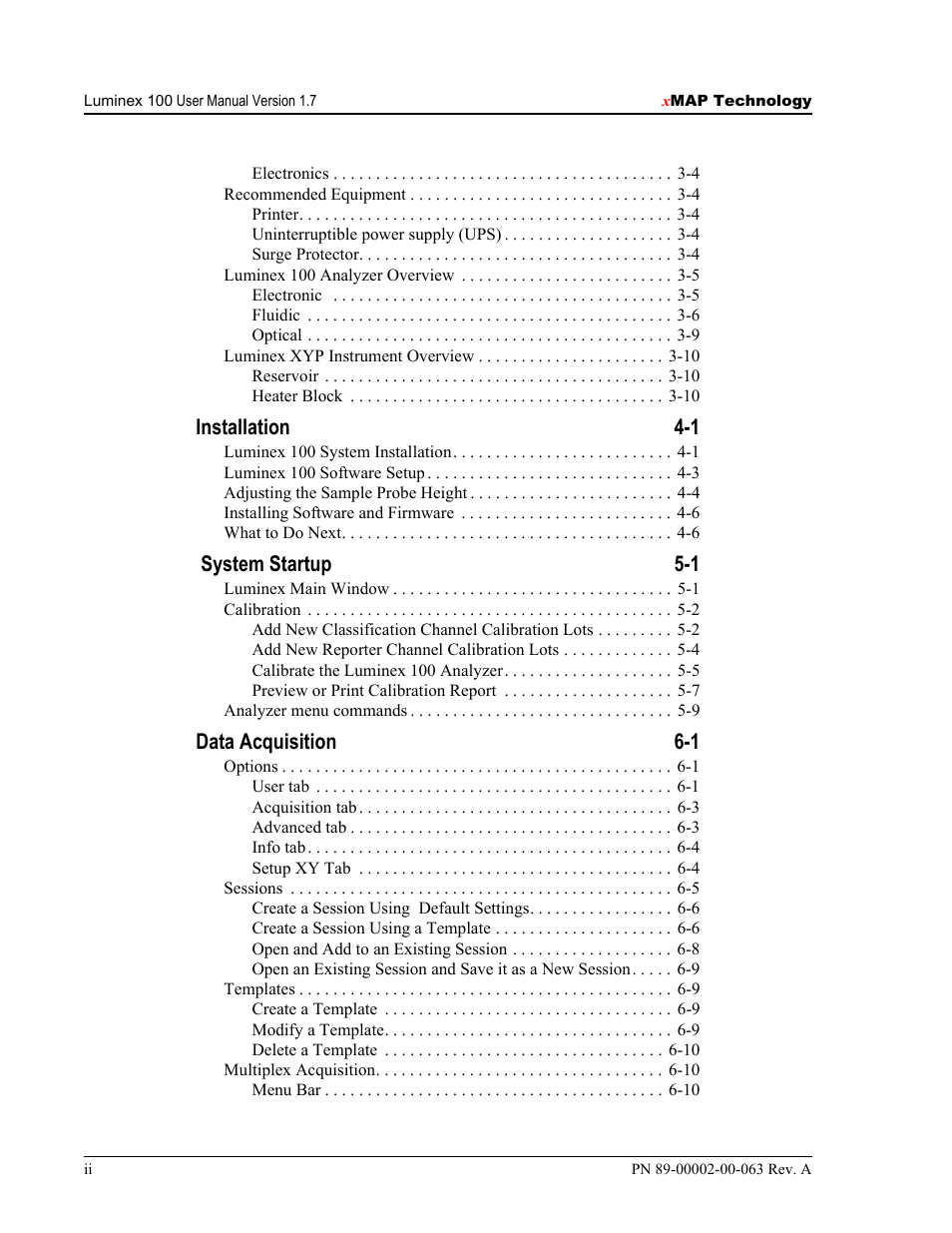 Installation 4-1, System startup 5-1, Data acquisition 6-1 | Luminex 100 User Manual Version 1.7 User Manual | Page 6 / 146