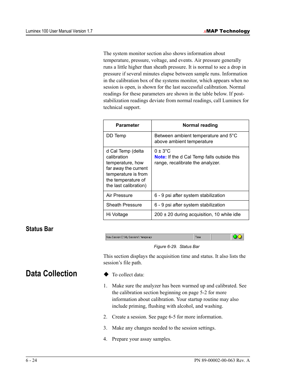 Data collection, Status bar | Luminex 100 User Manual Version 1.7 User Manual | Page 74 / 146