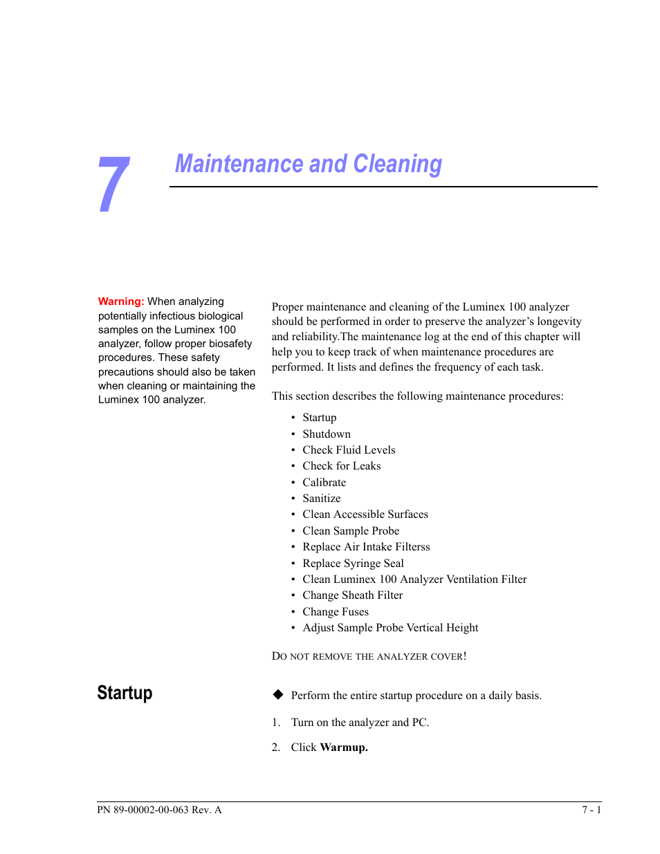 Maintenance and cleaning, Startup | Luminex 100 User Manual Version 1.7 User Manual | Page 81 / 146