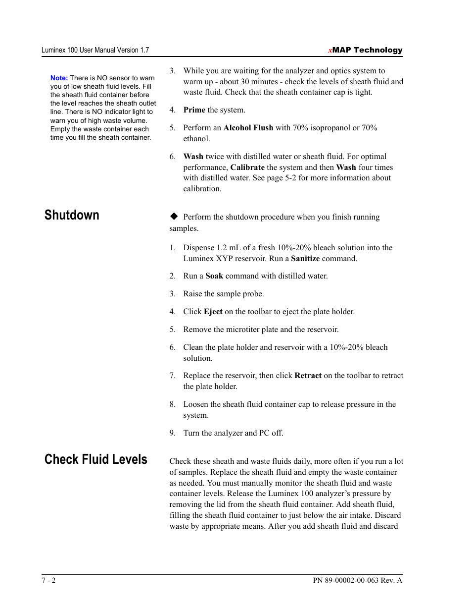 Shutdown, Check fluid levels | Luminex 100 User Manual Version 1.7 User Manual | Page 82 / 146