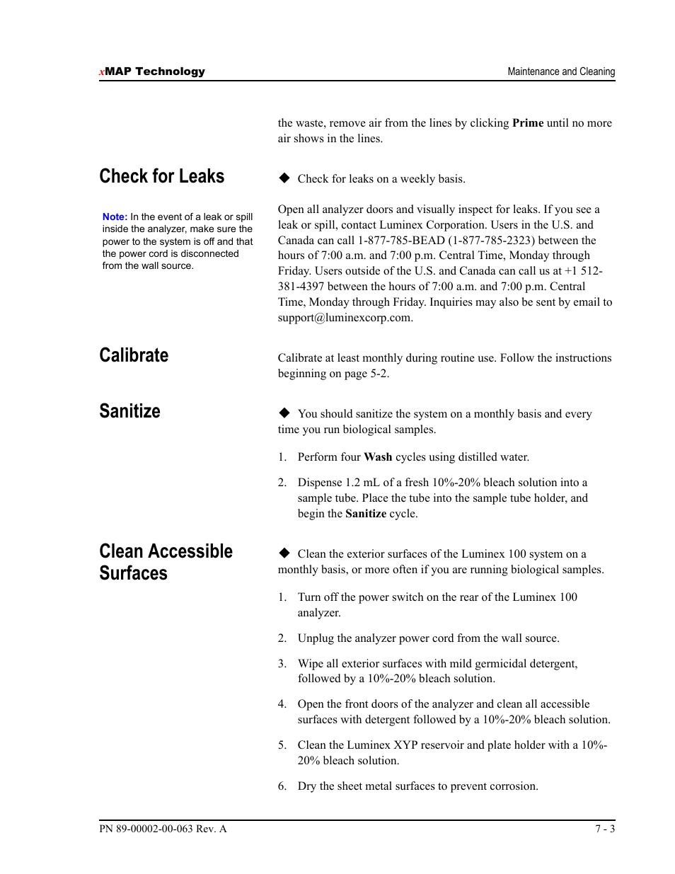 Check for leaks, Calibrate, Sanitize | Clean accessible surfaces | Luminex 100 User Manual Version 1.7 User Manual | Page 83 / 146