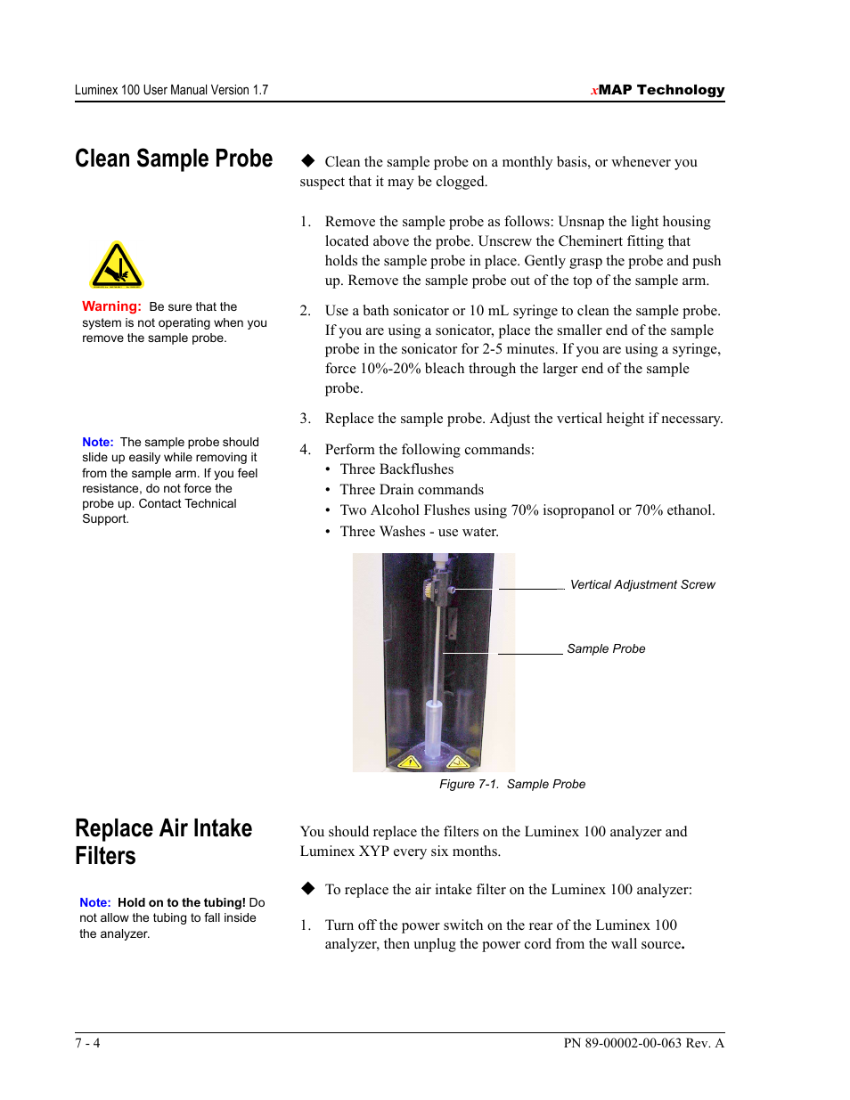 Clean sample probe, Replace air intake filters | Luminex 100 User Manual Version 1.7 User Manual | Page 84 / 146