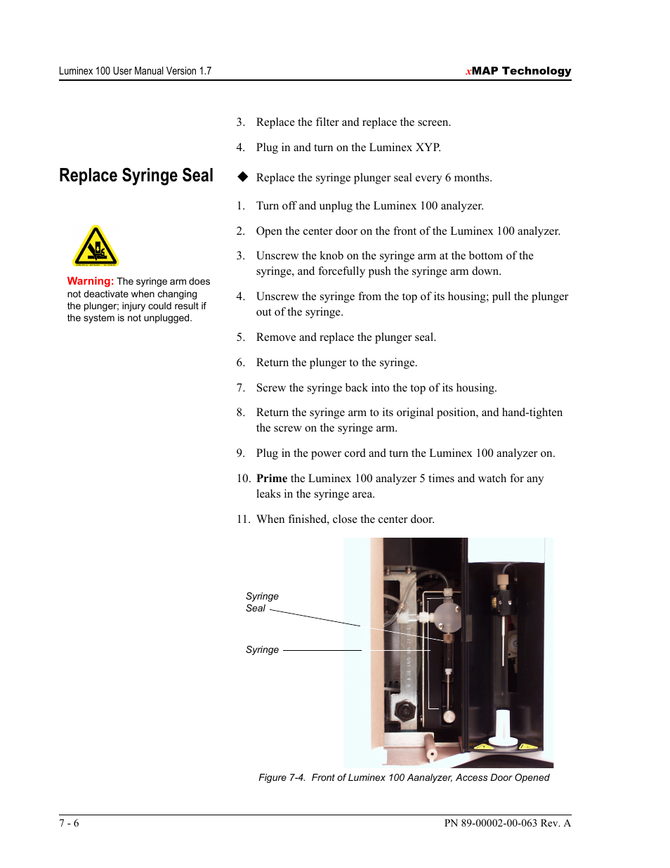 Replace syringe seal | Luminex 100 User Manual Version 1.7 User Manual | Page 86 / 146
