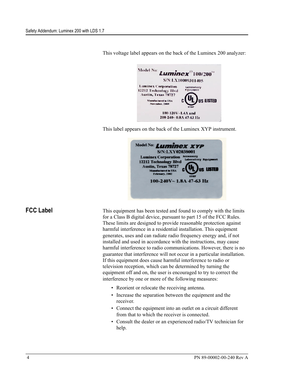Fcc label | Luminex 200 LDS User Manual Update User Manual | Page 4 / 10