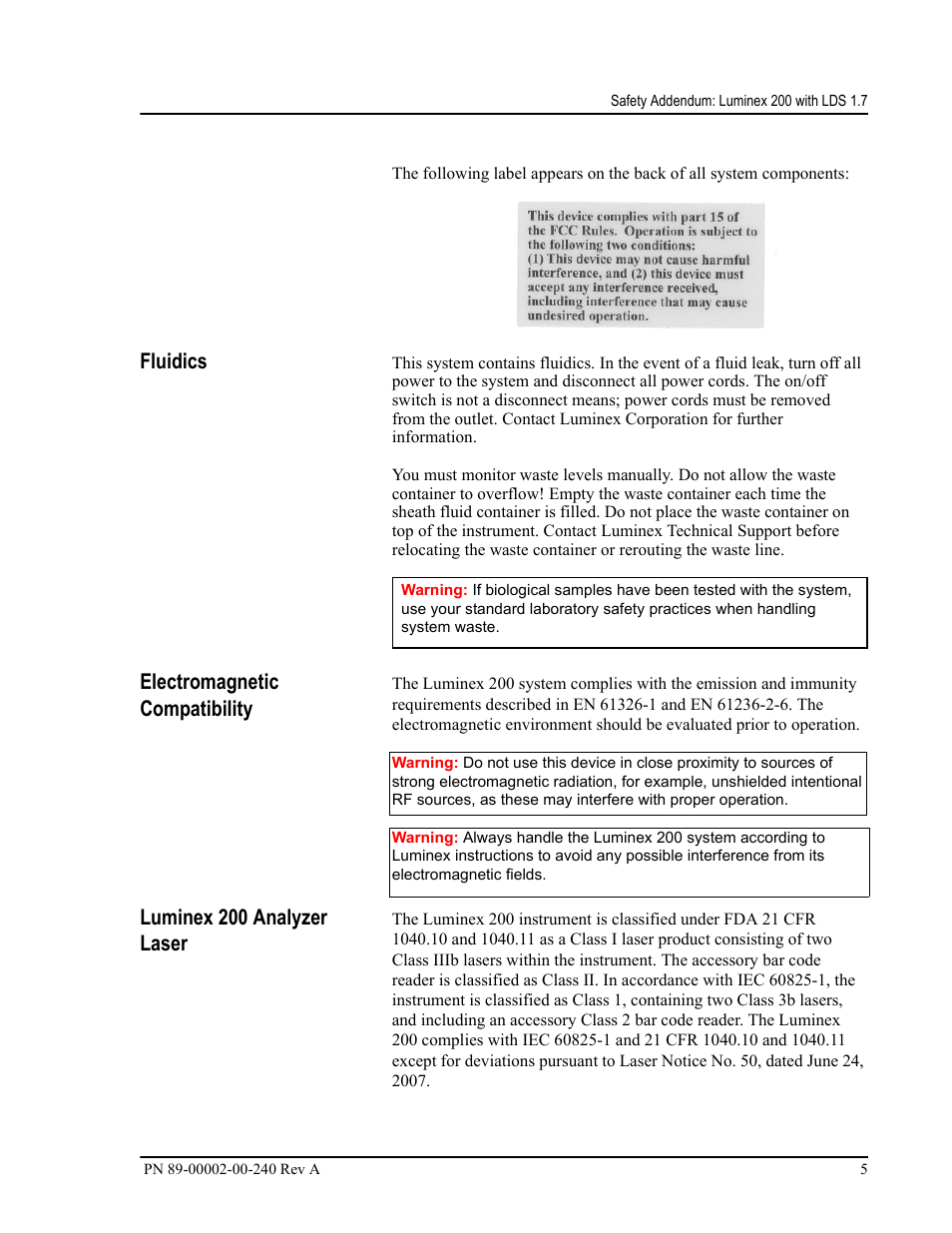 Fluidics, Electromagnetic compatibility, Luminex 200 analyzer laser | Luminex 200 LDS User Manual Update User Manual | Page 5 / 10