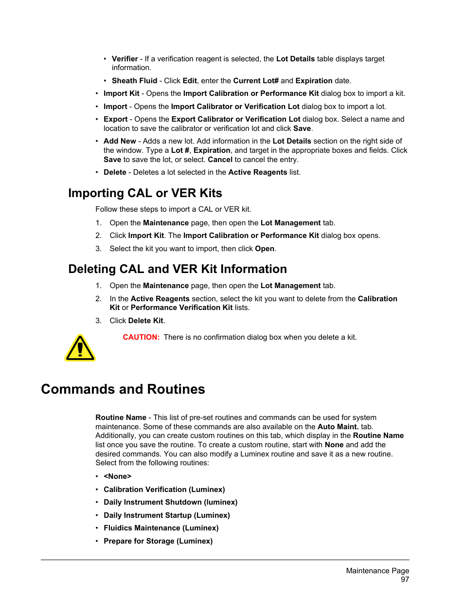 Importing cal or ver kits, Deleting cal and ver kit information, Commands and routines | Tab. see, Importing, Cal or ver kits | Luminex xPONENT 4.2 for FLEXMAP User Manual | Page 111 / 148