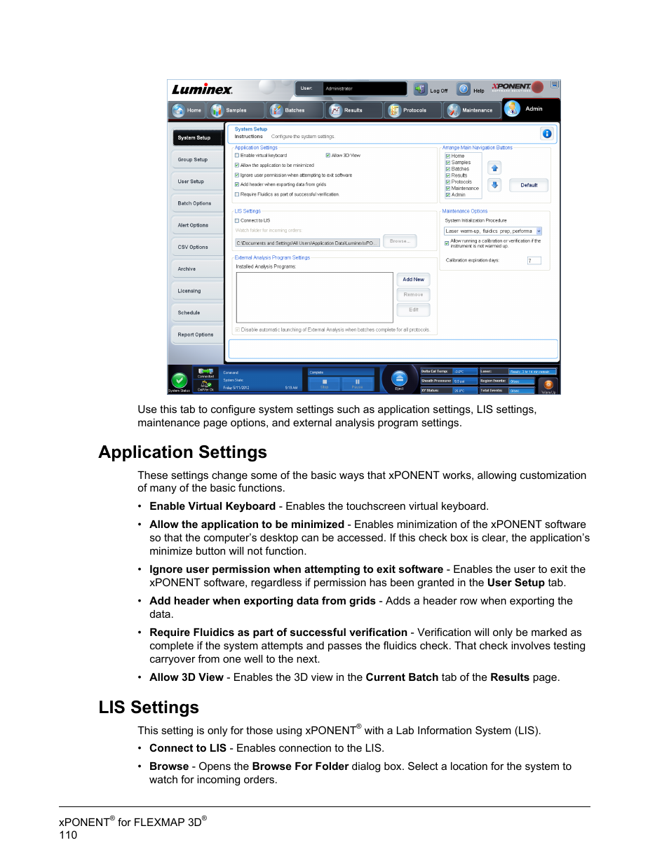 Application settings, Lis settings | Luminex xPONENT 4.2 for FLEXMAP User Manual | Page 124 / 148