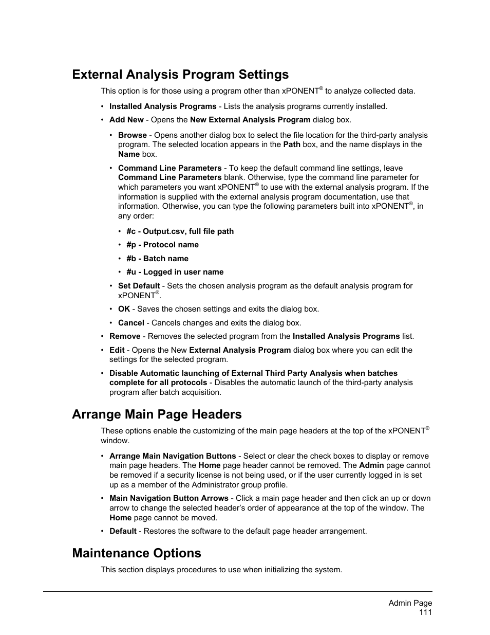 External analysis program settings, Arrange main page headers, Maintenance options | Luminex xPONENT 4.2 for FLEXMAP User Manual | Page 125 / 148