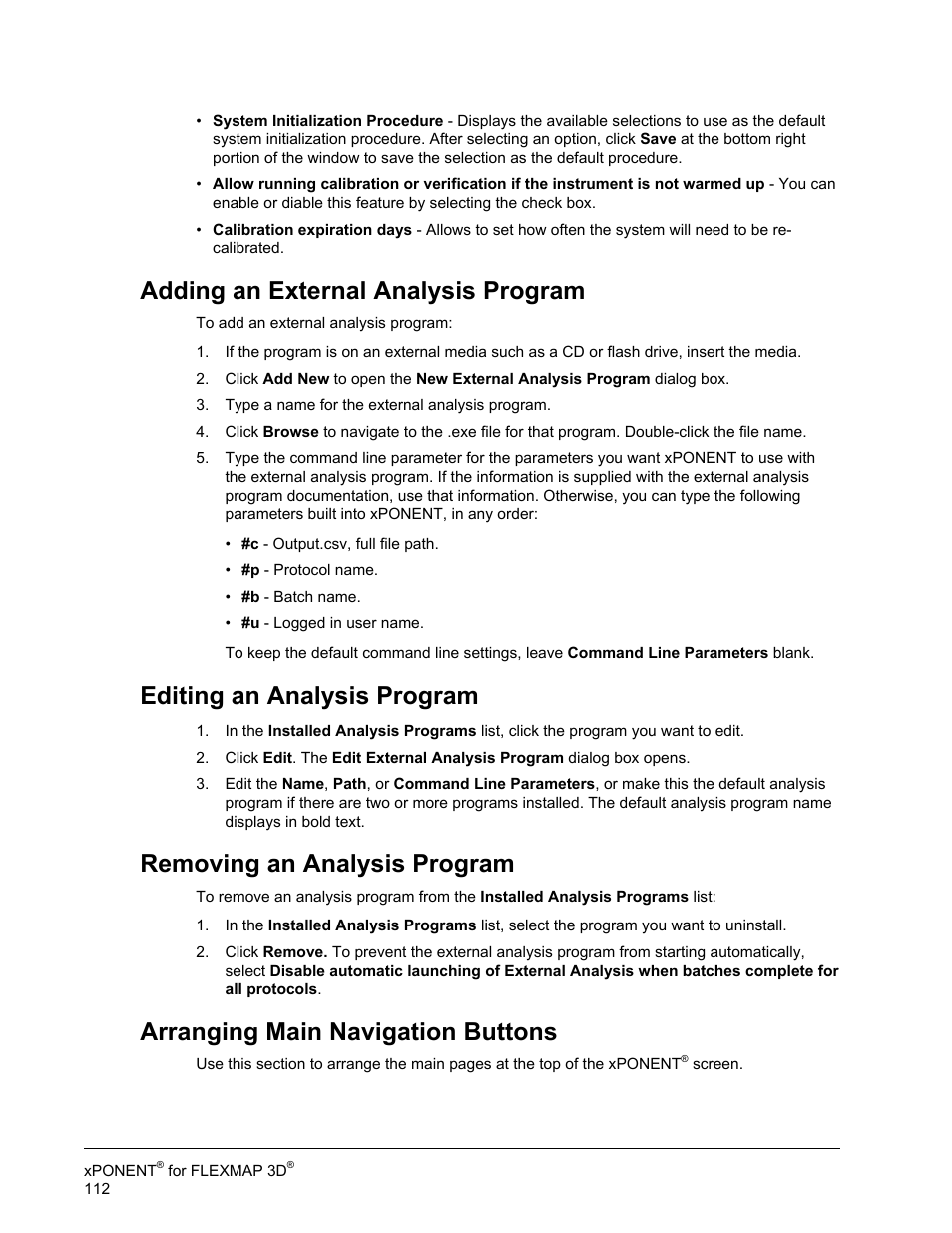 Adding an external analysis program, Editing an analysis program, Removing an analysis program | Arranging main navigation buttons | Luminex xPONENT 4.2 for FLEXMAP User Manual | Page 126 / 148