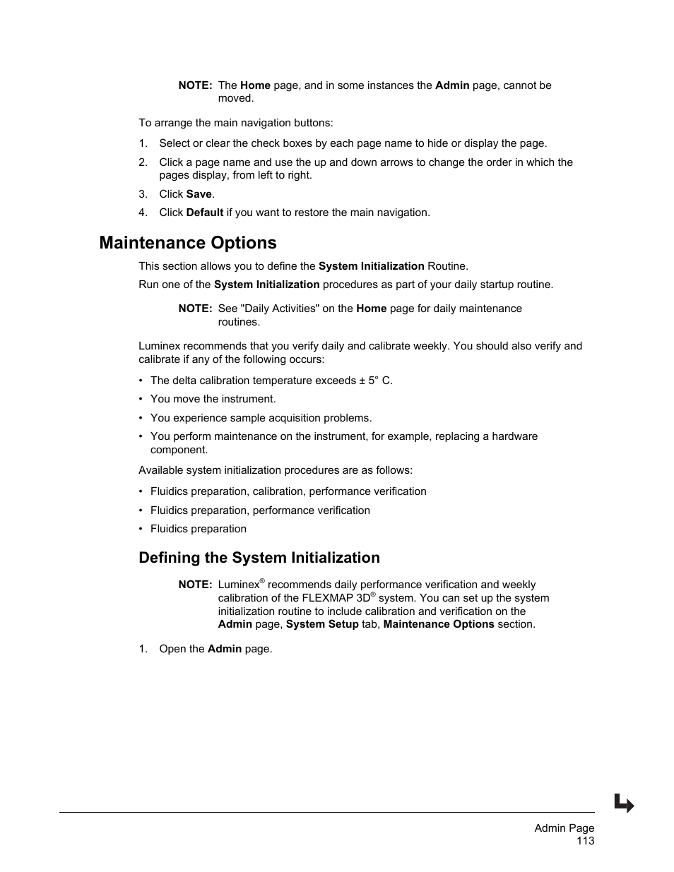 Maintenance options, Defining the system initialization | Luminex xPONENT 4.2 for FLEXMAP User Manual | Page 127 / 148