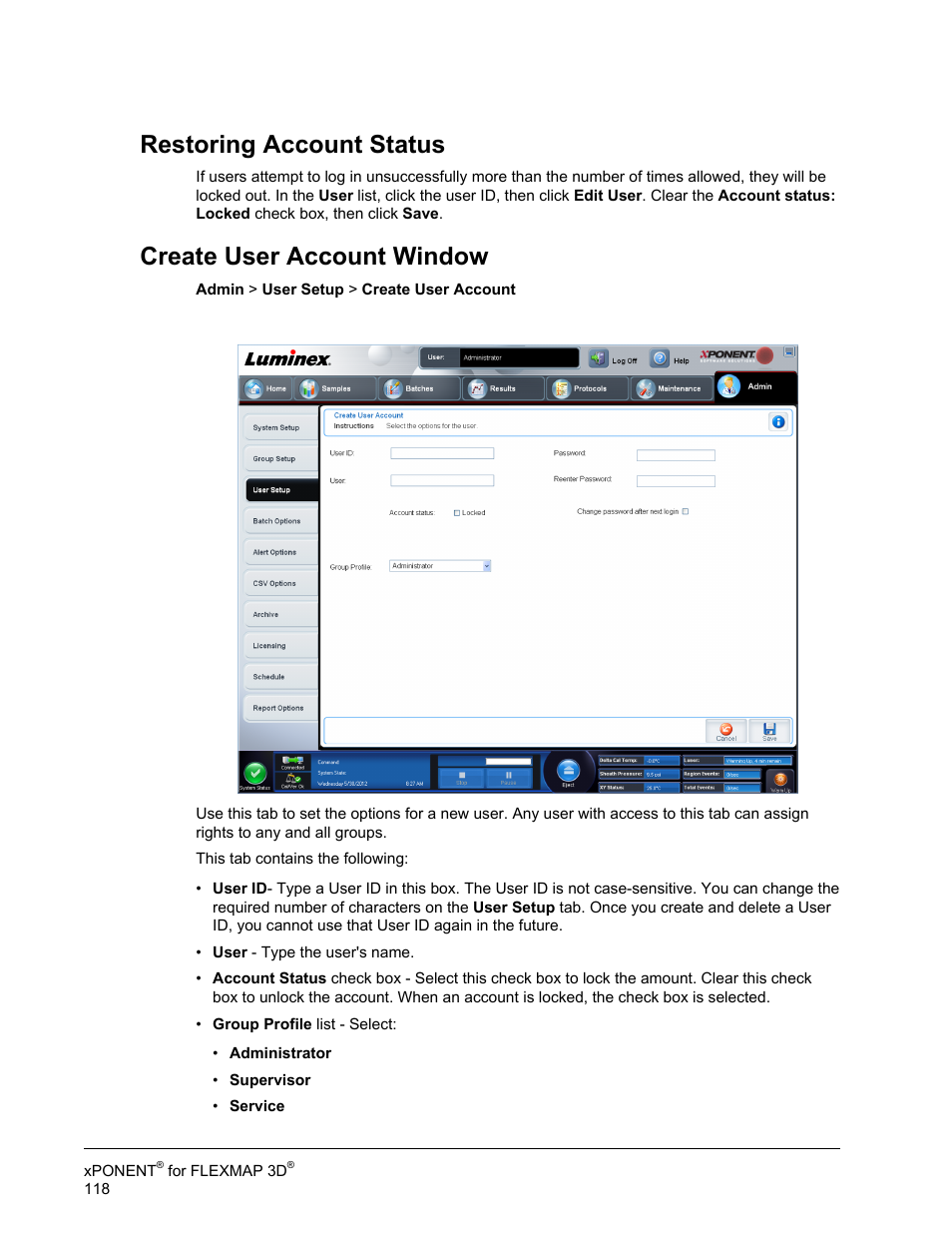 Create user account window, Restoring account status | Luminex xPONENT 4.2 for FLEXMAP User Manual | Page 132 / 148