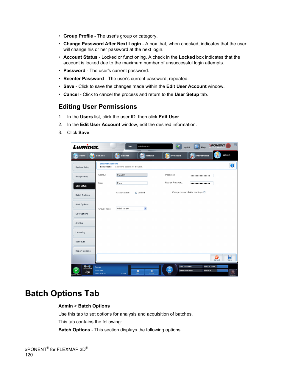 Editing user permissions, Batch options tab | Luminex xPONENT 4.2 for FLEXMAP User Manual | Page 134 / 148