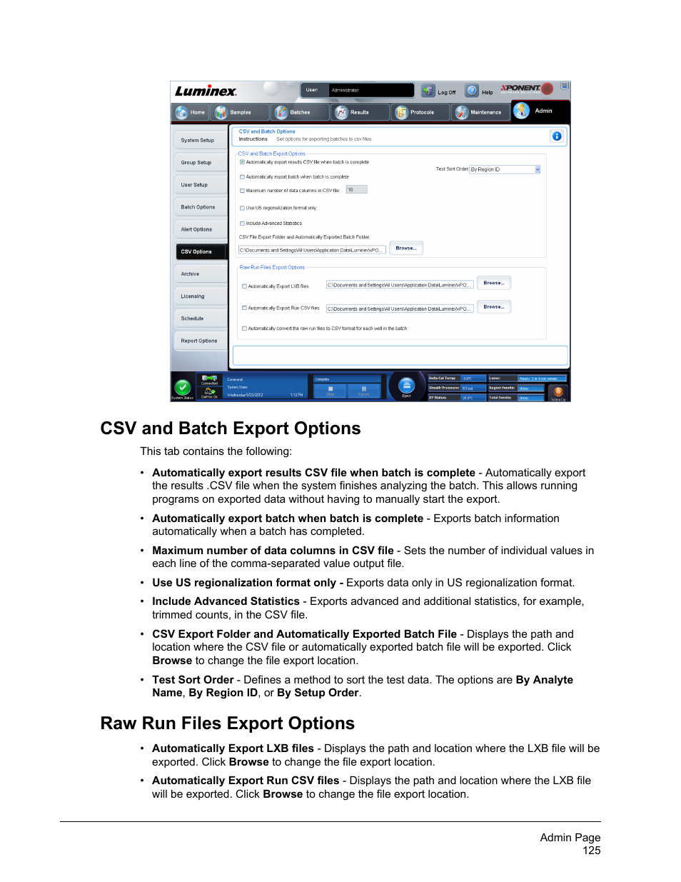 Csv and batch export options, Raw run files export options | Luminex xPONENT 4.2 for FLEXMAP User Manual | Page 139 / 148