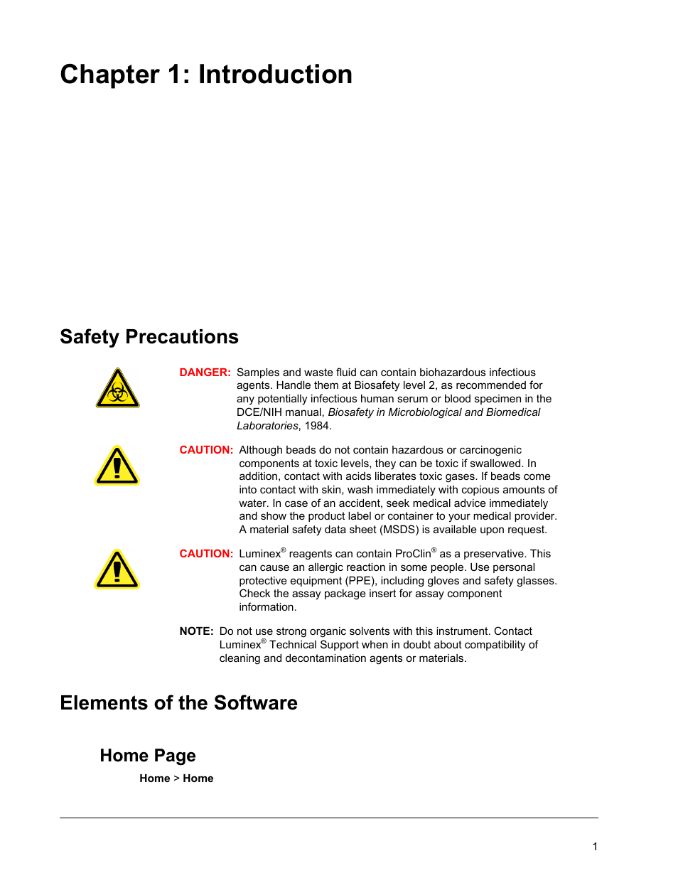 Introduction, Safety precautions, Elements of the software | Chapter 1 introduction, Safety precautions elements of the software, Chapter 1: introduction, Home page | Luminex xPONENT 4.2 for FLEXMAP User Manual | Page 15 / 148