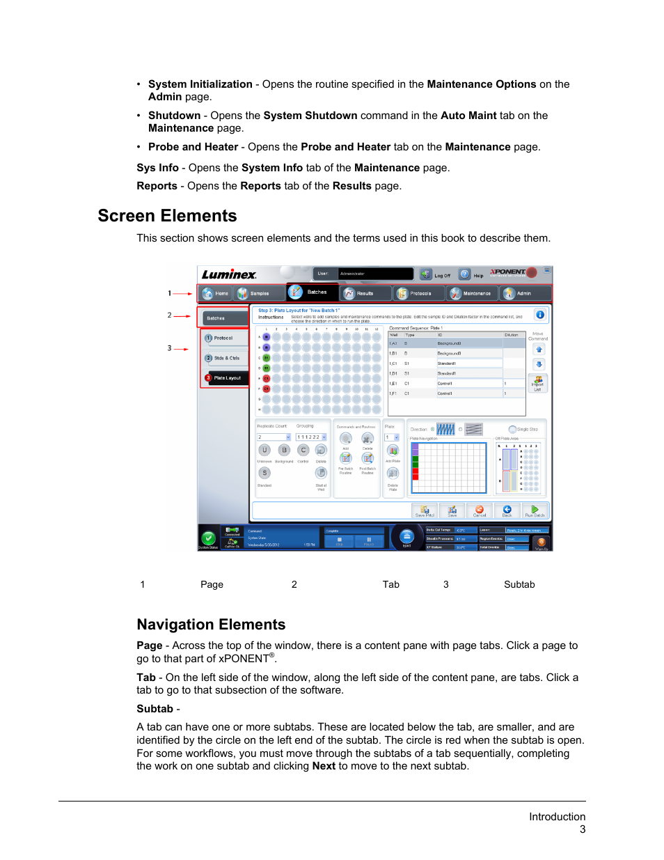 Screen elements, Navigation elements | Luminex xPONENT 4.2 for FLEXMAP User Manual | Page 17 / 148