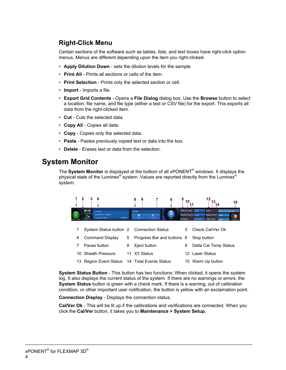 System monitor, Right-click menu | Luminex xPONENT 4.2 for FLEXMAP User Manual | Page 18 / 148