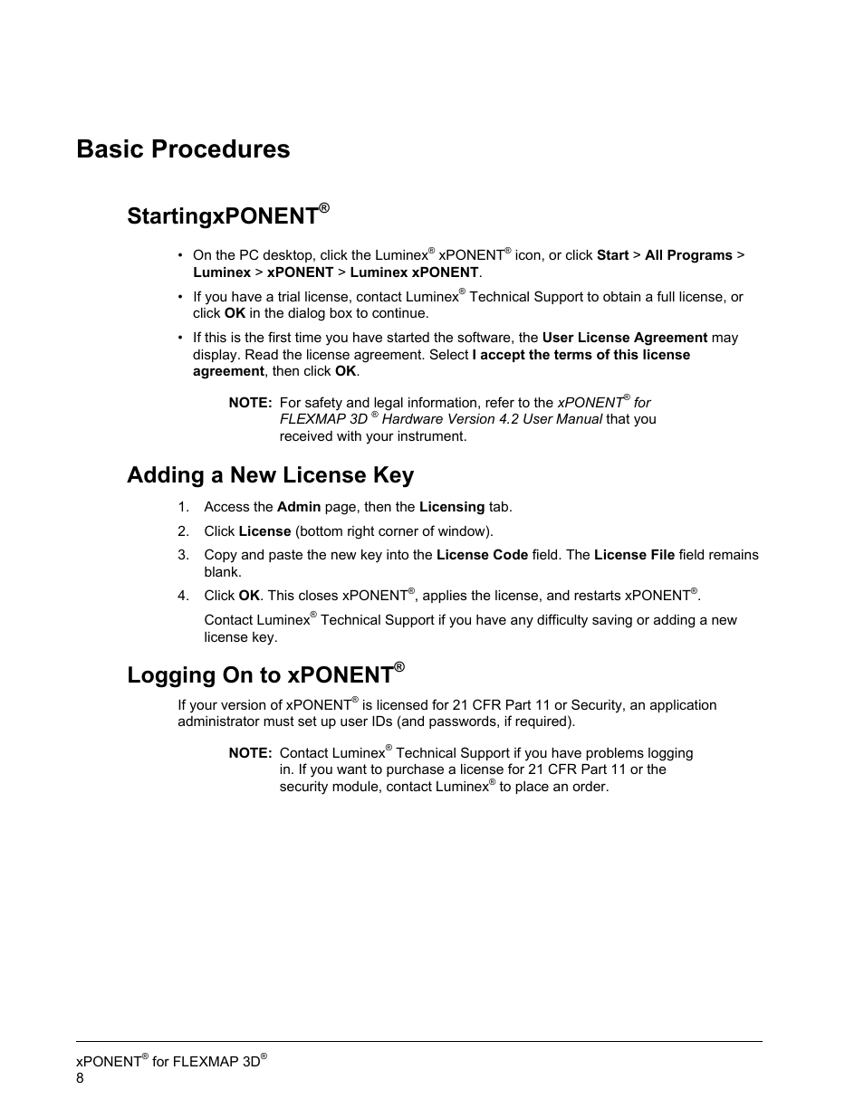 Basic procedures, Startingxponent, Adding a new license key | Logging on to xponent, Adding a new license key logging on to xponent | Luminex xPONENT 4.2 for FLEXMAP User Manual | Page 22 / 148