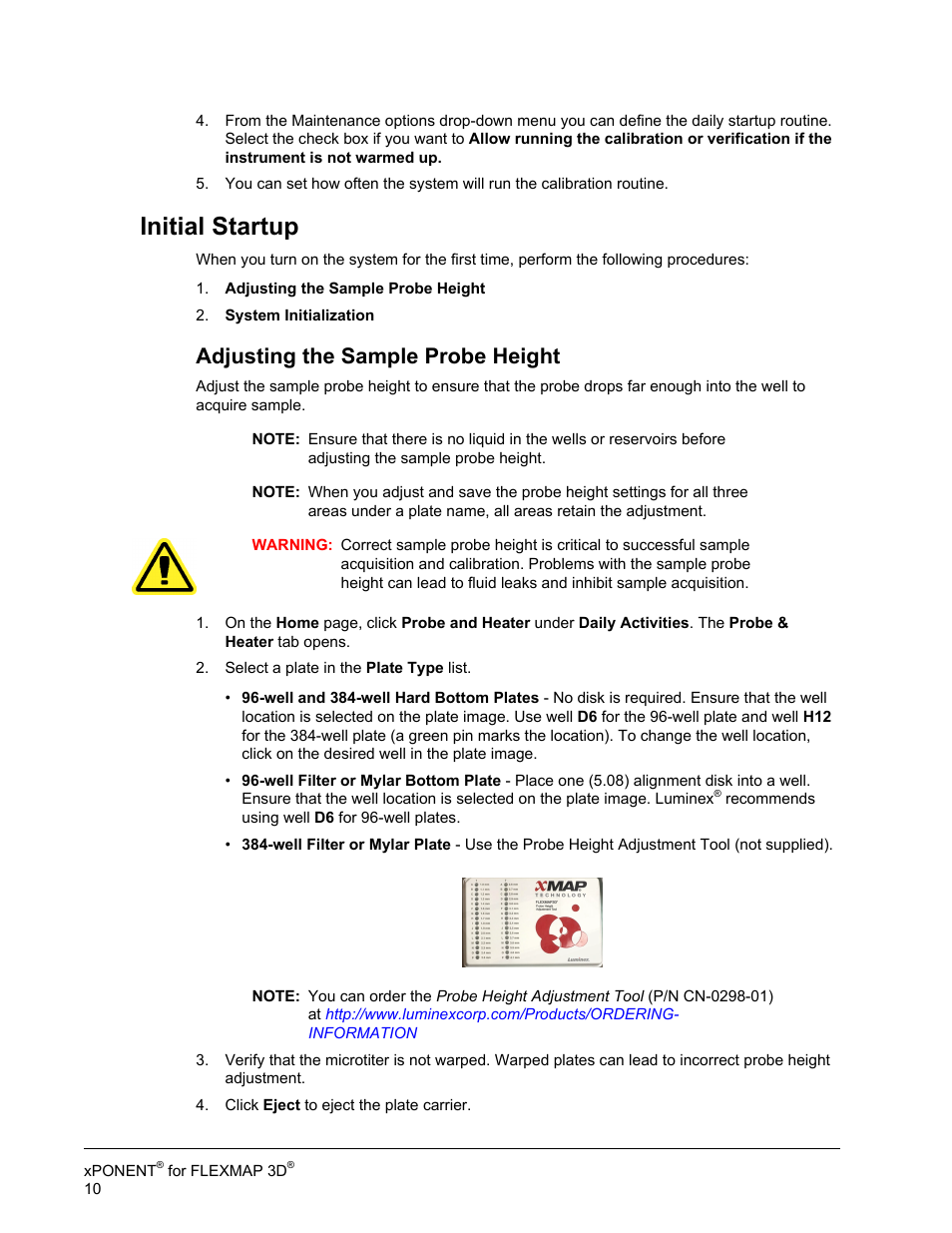 Initial startup, Adjusting the sample probe height, Adjusting the sample probe | Luminex xPONENT 4.2 for FLEXMAP User Manual | Page 24 / 148