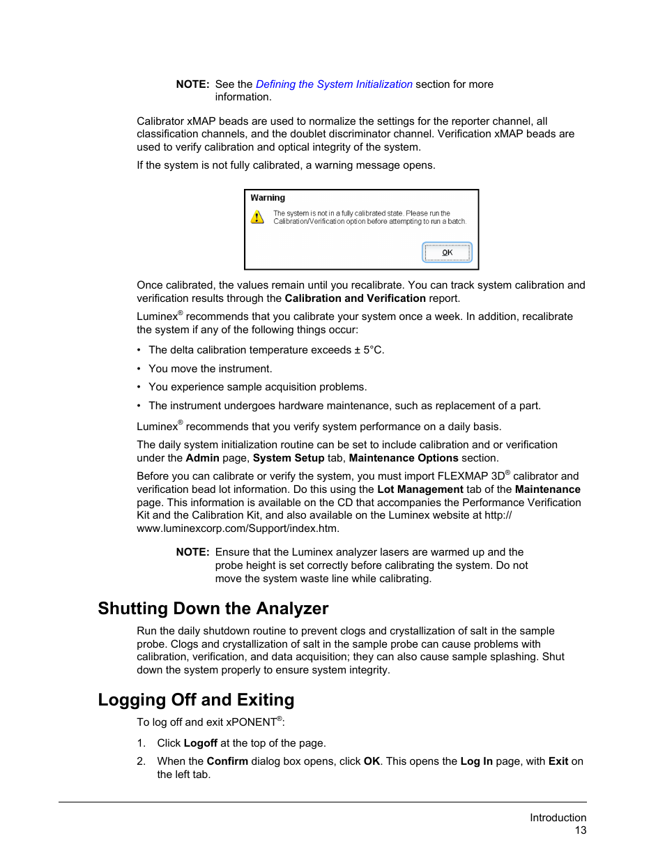 Shutting down the analyzer, Logging off and exiting, Shutting down the analyzer logging off and exiting | Luminex xPONENT 4.2 for FLEXMAP User Manual | Page 27 / 148