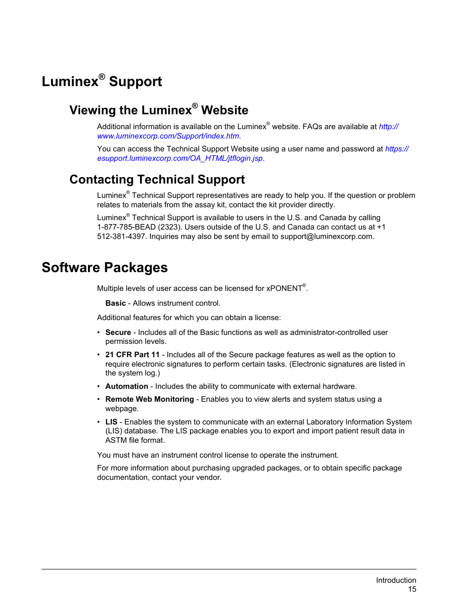 Luminex® support, Viewing the luminex® website, Contacting technical support | Software packages, Luminex, Support, Viewing the luminex, Website | Luminex xPONENT 4.2 for FLEXMAP User Manual | Page 29 / 148