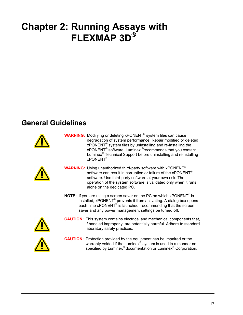 Running assays with flexmap 3d, General guidelines, Chapter 2 running assays with flexmap 3d | Chapter 2: running assays with flexmap 3d | Luminex xPONENT 4.2 for FLEXMAP User Manual | Page 31 / 148