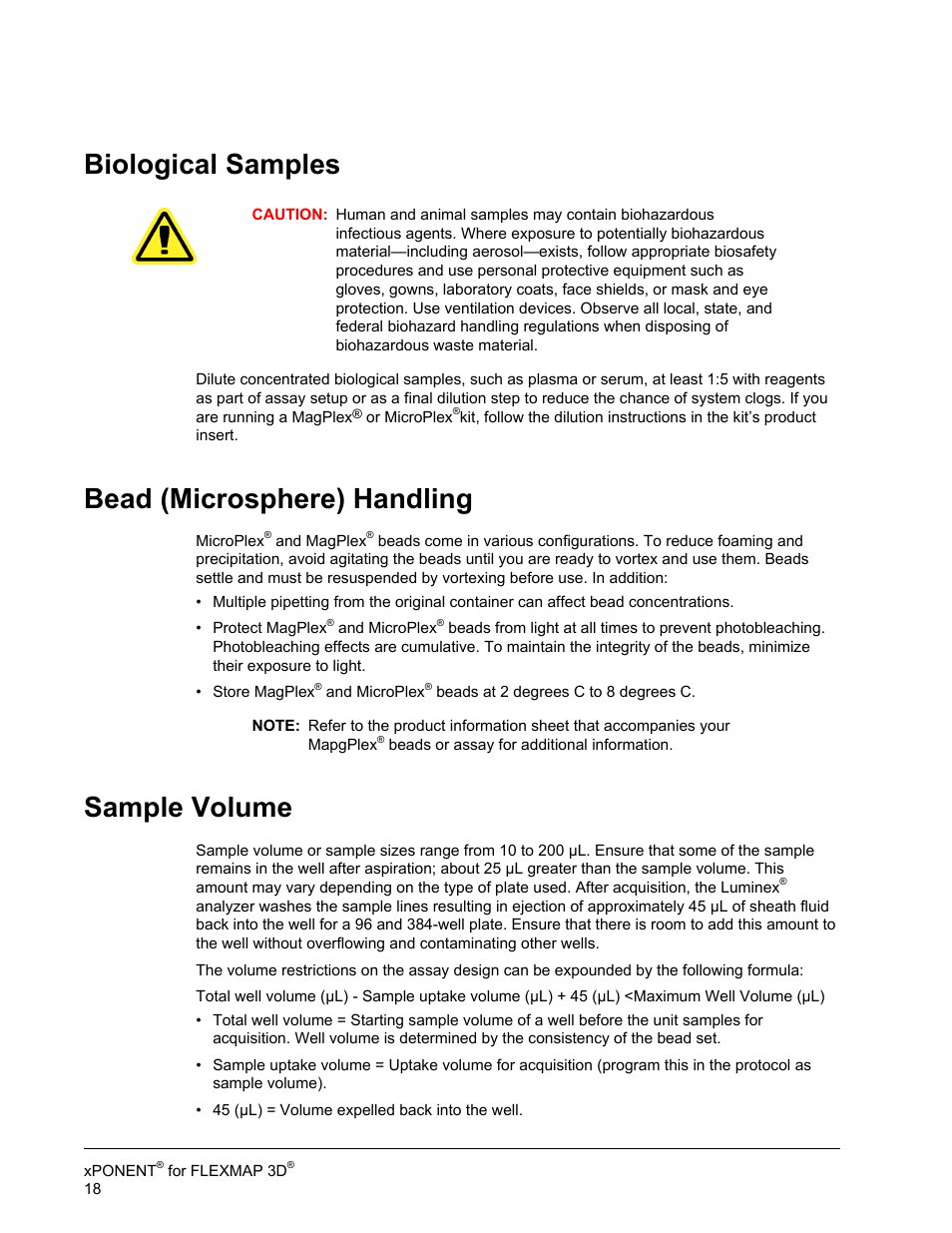 Biological samples, Bead (microsphere) handling, Sample volume | Luminex xPONENT 4.2 for FLEXMAP User Manual | Page 32 / 148