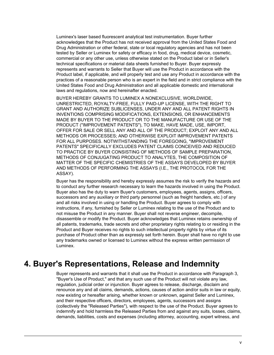 Buyer's representations, release and indemnity | Luminex xPONENT 4.2 for FLEXMAP User Manual | Page 5 / 148