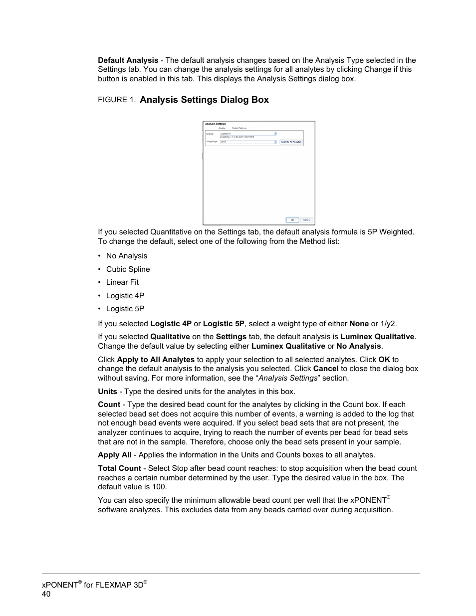 Analysis settings dialog box | Luminex xPONENT 4.2 for FLEXMAP User Manual | Page 54 / 148